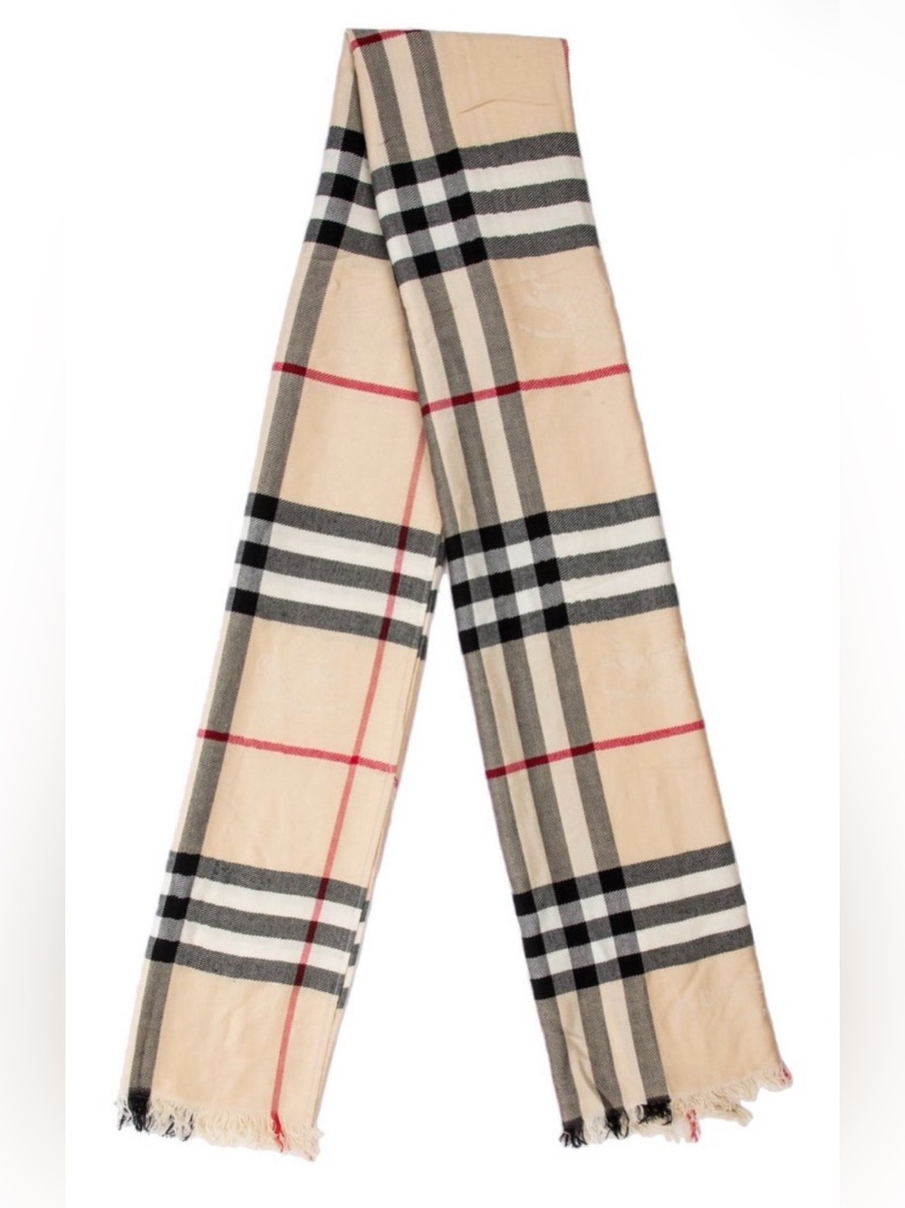 Burberry Beige Plaid Wool-Blend Scarf with Black & Red Accents